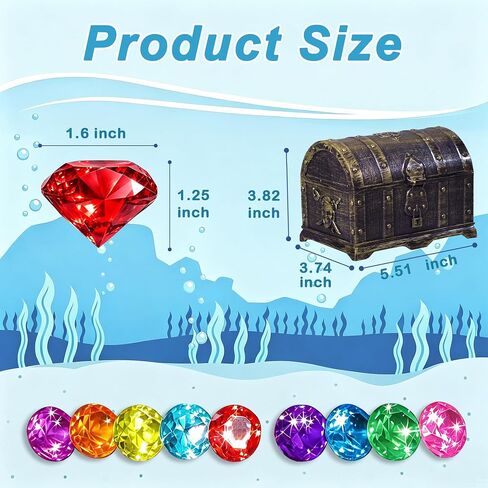 Diving Gems Pool Toys,16 Pcs Big Colorful Diamond with Treasure Chest Pirate Box Toy for Kids Swim Dive Underwater Gemstone Swimming Training Pool Games and Pirate Themed Party in Kuwait