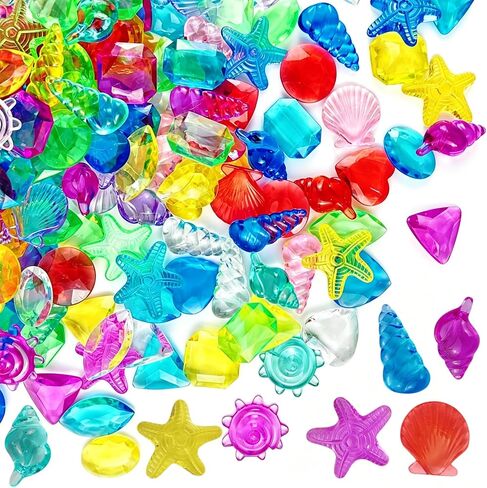 GXXMEI 182PCS Sensory Bin Filler, 102 Plastic Gemstones and 80 Fake Seashells, Ocean Theme, Pirate Treasure Mermaid Pool Play, 1"-1.2", for Kids in Kuwait