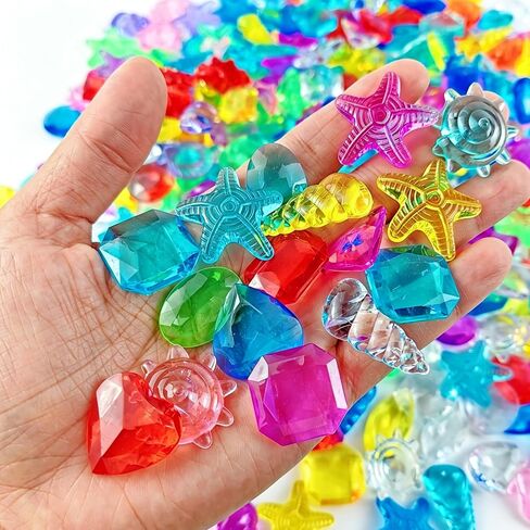 GXXMEI 182PCS Sensory Bin Filler, 102 Plastic Gemstones and 80 Fake Seashells, Ocean Theme, Pirate Treasure Mermaid Pool Play, 1"-1.2", for Kids in Kuwait
