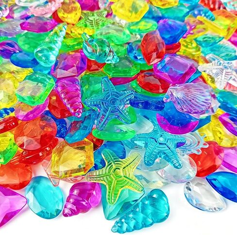 GXXMEI 182PCS Sensory Bin Filler, 102 Plastic Gemstones and 80 Fake Seashells, Ocean Theme, Pirate Treasure Mermaid Pool Play, 1"-1.2", for Kids in Kuwait