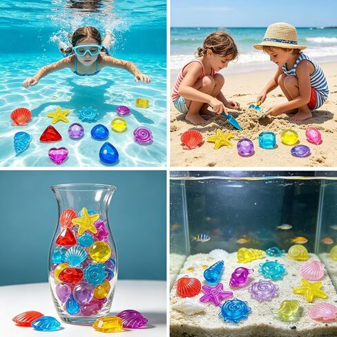 GXXMEI 182PCS Sensory Bin Filler, 102 Plastic Gemstones and 80 Fake Seashells, Ocean Theme, Pirate Treasure Mermaid Pool Play, 1"-1.2", for Kids in Kuwait