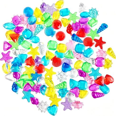 GXXMEI 182PCS Sensory Bin Filler, 102 Plastic Gemstones and 80 Fake Seashells, Ocean Theme, Pirate Treasure Mermaid Pool Play, 1"-1.2", for Kids in Kuwait