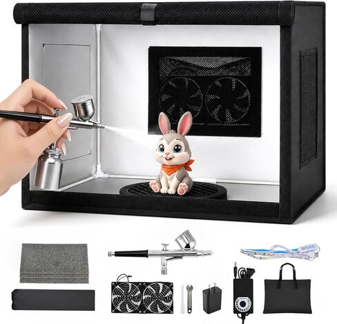 Airbrush Spray Booth Kit with 0.3mm Airbrush, Dual Exhaust Fans, Adjustable LED Lights & 360° Turntable, Foldable Hobby Paint Booth for Model Painting, Miniatures, Crafts –24.4" x 16.5" x 16.5", Black in Saudi Arabia