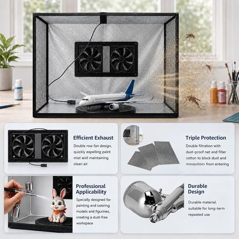 Airbrush Spray Booth Kit with 0.3mm Airbrush, Dual Exhaust Fans, Adjustable LED Lights & 360° Turntable, Foldable Hobby Paint Booth for Model Painting, Miniatures, Crafts –24.4" x 16.5" x 16.5", Black in Saudi Arabia