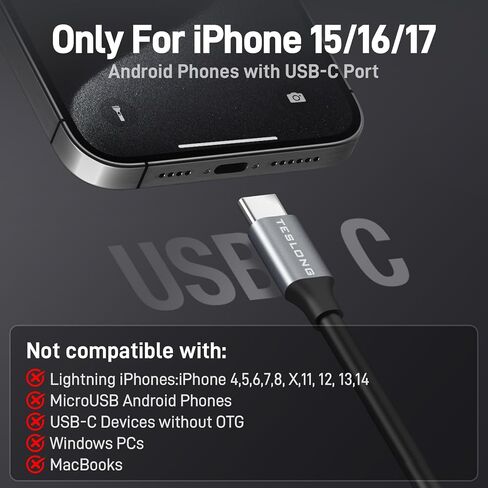 Endoscope Camera with Light for iPhone, Teslong USB-C Borescope Inspection Camera with 8 LED Lights, 10FT Flexible Waterproof Snake Camera Scope, Fiber Optic Cam for iOS Android Phone-No WiFi Required in Saudi Arabia