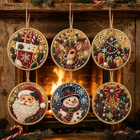 Diamond Art Christmas Ornaments, 6‑Pack DIY Diamond Painting Kit, Special‑Shaped Pearl Rhinestone Hanging Decor with Twine for Christmas Tree, Window & Home Holiday Gift (Style A) in Kuwait
