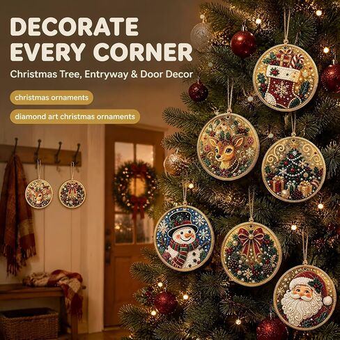 Diamond Art Christmas Ornaments, 6‑Pack DIY Diamond Painting Kit, Special‑Shaped Pearl Rhinestone Hanging Decor with Twine for Christmas Tree, Window & Home Holiday Gift (Style A) in Kuwait