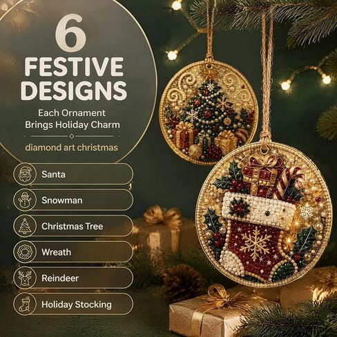 Diamond Art Christmas Ornaments, 6‑Pack DIY Diamond Painting Kit, Special‑Shaped Pearl Rhinestone Hanging Decor with Twine for Christmas Tree, Window & Home Holiday Gift (Style A) in Kuwait