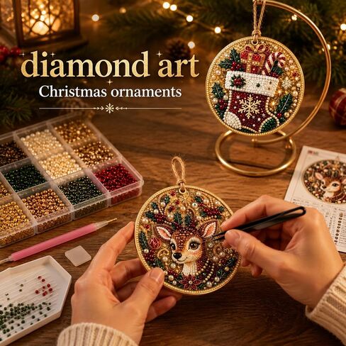 Diamond Art Christmas Ornaments, 6‑Pack DIY Diamond Painting Kit, Special‑Shaped Pearl Rhinestone Hanging Decor with Twine for Christmas Tree, Window & Home Holiday Gift (Style A) in Kuwait