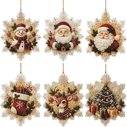DIY Diamond Art Christmas Ornaments Kit, 6 Pcs 5D Round Diamond Painting Ornaments with Hanging String, Xmas Tree Hanging Decorations DIY Craft in Kuwait