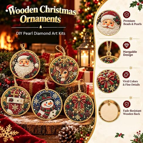 6PCS Wooden Christmas Ornaments DIY Pearl Diamond Art Kits in Kuwait