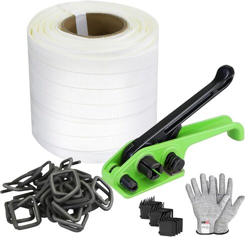 NVOYAJUAN Heavy Duty 2500Lbs Break Strength 3/4" x 330' Woven Cord Banding Strapping Kit, Woven Cord Tensioner, 50 pcs Phosphate Wire Buckles and Woven Cord Roll in Kuwait