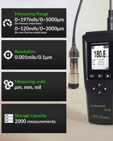 Digital Professional Coating Thickness Gauge Industrial-818 Paint Meter for Fe/NFe with Measuring Range: 0-197 mils | Resolution 0,001 mils in Kuwait
