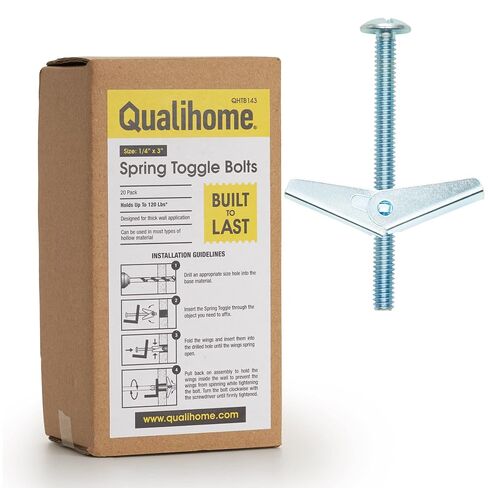 QUALIHOME Spring Toggle Bolt Anchors - Heavy Duty Wall Anchors for Hanging Items w/Hollow Walls & More - Stainless Steel Hollow Wall Anchor for Frames, Shelves, Mirrors & More, 20 Pack (1/8" x 3") in Saudi Arabia