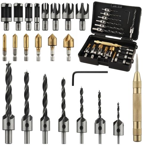 Rocaris 23-Pack Woodworking Chamfer Drilling Tool, 6pcs 1/4" Hex 5 Flute 90 Degree Countersink Drill Bits, 7pcs Three Pointed with L-Wrench, 8PCS Wood Plug Cutter, and Automatic in Kuwait