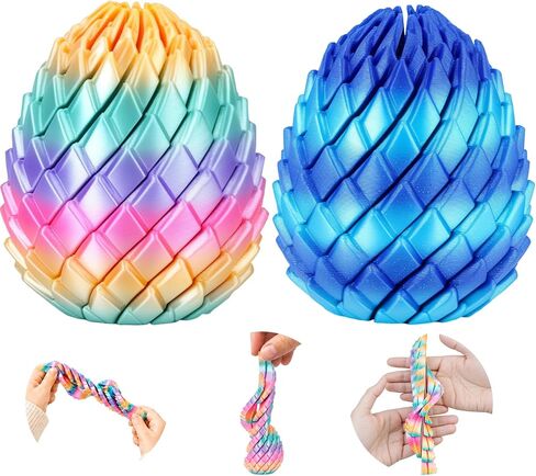 2PCS Glow In the Dark Twisty Fidget Dragon Egg 3D Printed Fidget Toys Sensory Kids Teens Adults Stress Relief Gifts Easter Basket Back to School Christmas Stocking Stuffers White Elephant(Blue+Green) in Kuwait