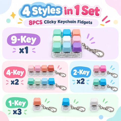 8 PCS Keyboard Fidget Toy Set, Keyboard Keychain Clickers Set, Colorful Keyboard Decompression Toys, Portable Desk Fidgets and Stress Relief Gifts Party Giveaways Favors in Kuwait