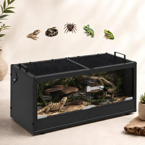 20 Gallon Reptile Terrarium Tank, Lockable Reptile Enclosure with Mesh Top & Handles, Escape-Proof Habitat Cage with Sliding Door for Snakes, Lizards, Tortoise & Small Animals, Black in Kuwait