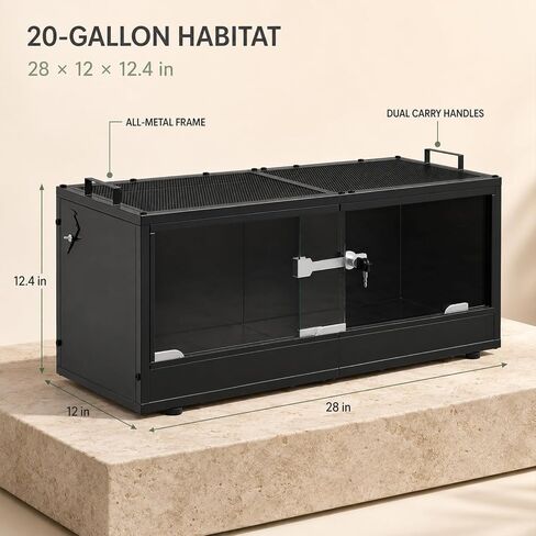 20 Gallon Reptile Terrarium Tank, Lockable Reptile Enclosure with Mesh Top & Handles, Escape-Proof Habitat Cage with Sliding Door for Snakes, Lizards, Tortoise & Small Animals, Black in Kuwait
