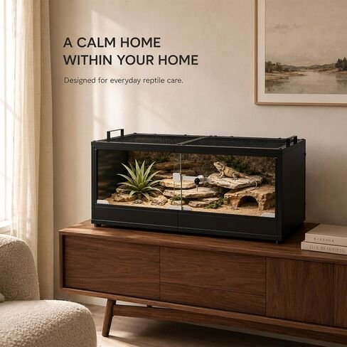 20 Gallon Reptile Terrarium Tank, Lockable Reptile Enclosure with Mesh Top & Handles, Escape-Proof Habitat Cage with Sliding Door for Snakes, Lizards, Tortoise & Small Animals, Black in Kuwait