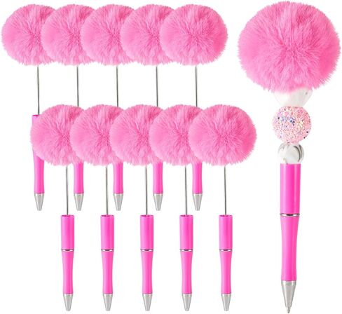 10 Pcs Stripe Pink Pom Pom Ballpoint Pens, Cute DIY Plastic Beadable Pens in Kuwait