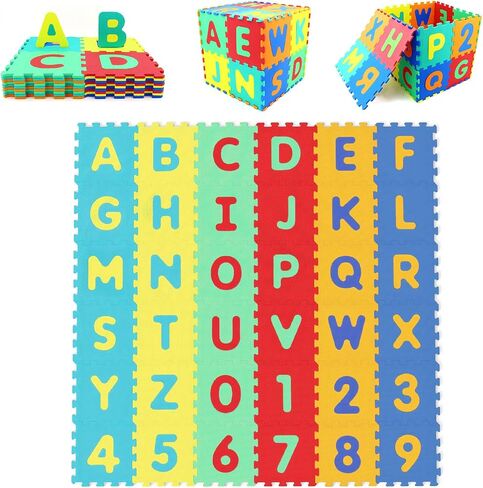 HONEY JOY Foam Floor Tiles for Kids, 12.5" x 12.5" EVA 36-Piece Interlocking Alphabet & Numbers Play Mat, Non-Slip Large Soft Puzzle Carpet Rug, Easy to Clean, for Baby Crawling Exercise, Playroom in Kuwait