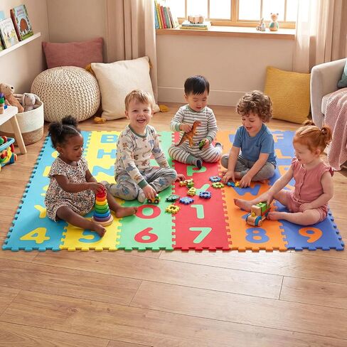 HONEY JOY Foam Floor Tiles for Kids, 12.5" x 12.5" EVA 36-Piece Interlocking Alphabet & Numbers Play Mat, Non-Slip Large Soft Puzzle Carpet Rug, Easy to Clean, for Baby Crawling Exercise, Playroom in Kuwait