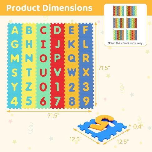 HONEY JOY Foam Floor Tiles for Kids, 12.5" x 12.5" EVA 36-Piece Interlocking Alphabet & Numbers Play Mat, Non-Slip Large Soft Puzzle Carpet Rug, Easy to Clean, for Baby Crawling Exercise, Playroom in Kuwait