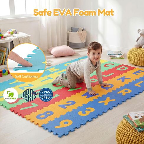 HONEY JOY Foam Floor Tiles for Kids, 12.5" x 12.5" EVA 36-Piece Interlocking Alphabet & Numbers Play Mat, Non-Slip Large Soft Puzzle Carpet Rug, Easy to Clean, for Baby Crawling Exercise, Playroom in Kuwait