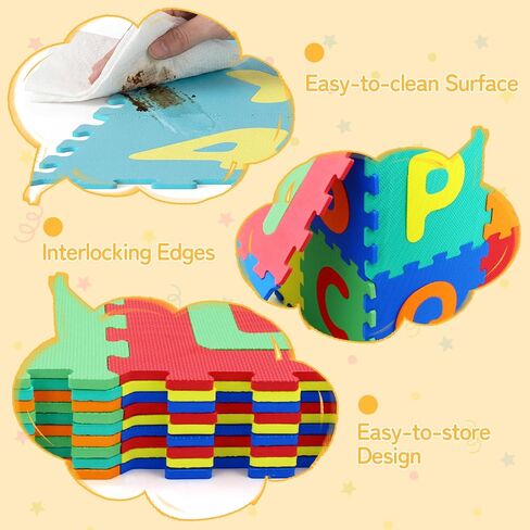 HONEY JOY Foam Floor Tiles for Kids, 12.5" x 12.5" EVA 36-Piece Interlocking Alphabet & Numbers Play Mat, Non-Slip Large Soft Puzzle Carpet Rug, Easy to Clean, for Baby Crawling Exercise, Playroom in Kuwait