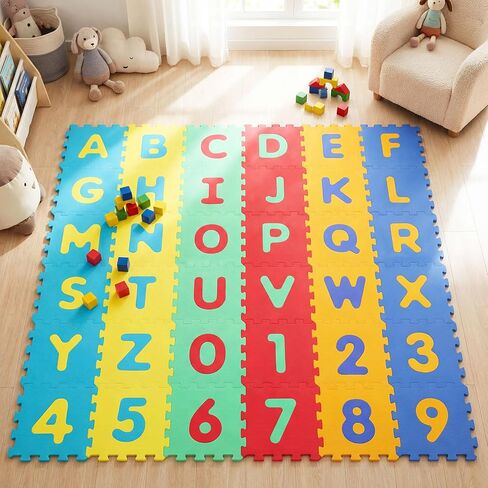 HONEY JOY Foam Floor Tiles for Kids, 12.5" x 12.5" EVA 36-Piece Interlocking Alphabet & Numbers Play Mat, Non-Slip Large Soft Puzzle Carpet Rug, Easy to Clean, for Baby Crawling Exercise, Playroom in Kuwait
