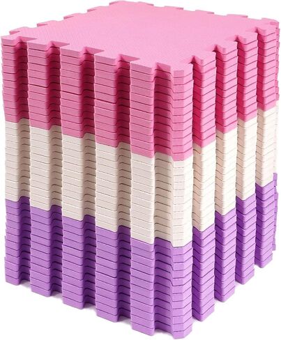 BalanceFrom 16-Pack 12x12 Inches EVA Interlocking Foam Play Tile Mat, Pink/Purple/Beige – 0.4-Inch Thick Non-Slip Puzzle Flooring for 16 Square Feet in Playroom, Nursery, or Playpen at Home in Kuwait