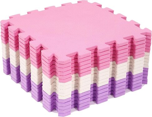 BalanceFrom 16-Pack 12x12 Inches EVA Interlocking Foam Play Tile Mat, Pink/Purple/Beige – 0.4-Inch Thick Non-Slip Puzzle Flooring for 16 Square Feet in Playroom, Nursery, or Playpen at Home in Kuwait