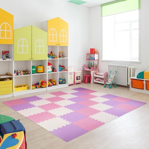 BalanceFrom 16-Pack 12x12 Inches EVA Interlocking Foam Play Tile Mat, Pink/Purple/Beige – 0.4-Inch Thick Non-Slip Puzzle Flooring for 16 Square Feet in Playroom, Nursery, or Playpen at Home in Kuwait