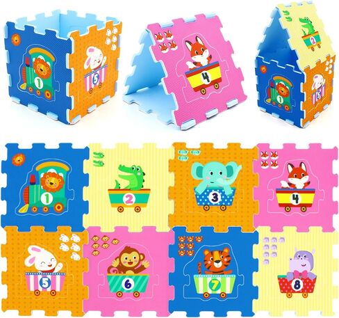 GLACER Kids Foam Puzzle Play Mat, 8-Piece Interlocking Baby Floor Puzzle Tiles w/Educational Animal Patterns, Non-Slip Waterproof Foam Crawling Mat for Toddler Playroom (Animal & Number Pattern) in Kuwait