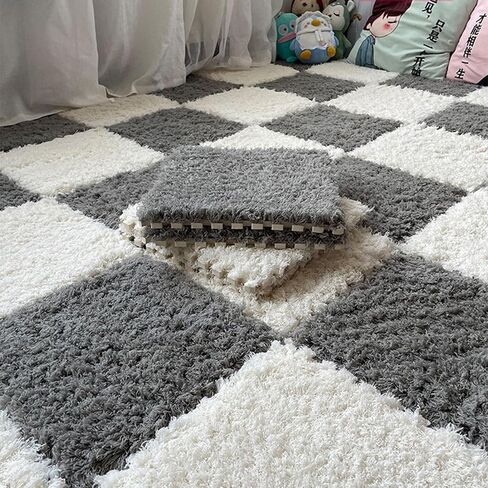 Thickened Plush Foam Interlocking Floor Carpet Mat,24 Piece 12x12in Fluffy Square Puzzle Foam Carpet Tiles with Edgings,Soft Anti-Slip Shaggy Area Rug Playmat(Color:Rose red+Purple) in Kuwait