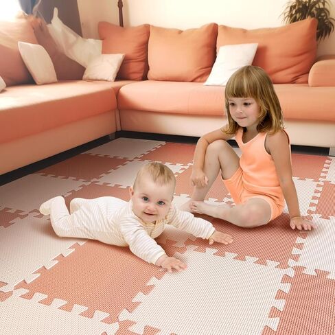 TCBunny Kids Soft EVA Foam Jigsaw Puzzle Play Mat, 36 Interlocking Tiles and Edges Baby Play Mat, for Kids Gym, Nursery, Playroom, Pet Mat, Total Floor Coverage 32 Sq Ft, Pink/Peach in Kuwait