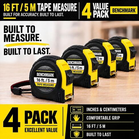 Benchmark - 4 Pack - 16 Foot Tape Measure - HG Series - Retractable, Autowind and Lock in Kuwait