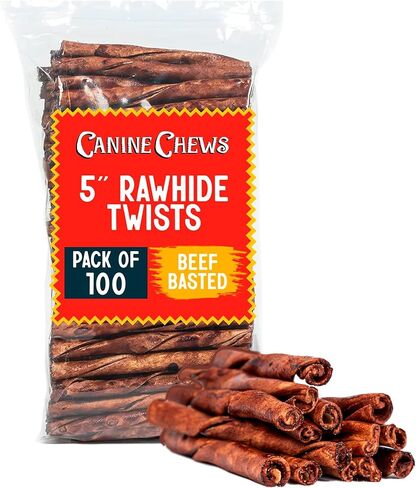 Canine Chews Beef & Chicken Basted Rawhide Twists - Dog Bones for Small Dogs - Rawhide Bones for Medium Dogs - Helps Promote Dental Health - 50 Beef & 50 Chicken Treats in Saudi Arabia