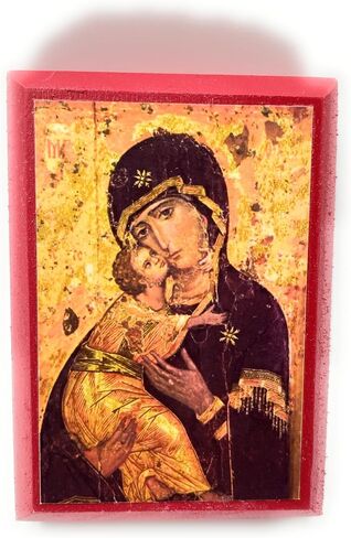 Wooden Greek Orthodox Christian Ancient Icon Saint Mary/Holy Virgin Mary/Theotokos/Virgin of Vladimir (2.5" x 3.5") in Kuwait