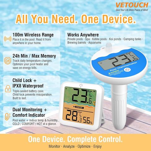 Wireless Pool Thermometer Floating Easy Read IPX8 Waterproof, AA Battery Powered Shatter Resistant Large Display for Swimming Pools Hot Tubs Tank Temperature Humidity Monitor with Backlight in Saudi Arabia