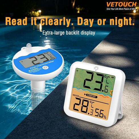 Wireless Pool Thermometer Floating Easy Read IPX8 Waterproof, AA Battery Powered Shatter Resistant Large Display for Swimming Pools Hot Tubs Tank Temperature Humidity Monitor with Backlight in Saudi Arabia