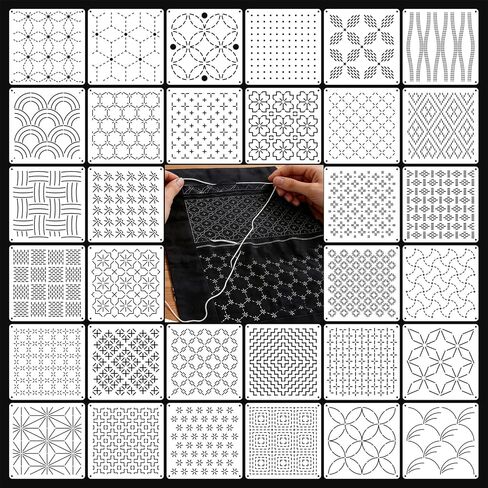 32 Pcs Sashiko Stencil Kit, 5.1 x 5.1 Inch Plastic Geometric Pattern Templates for Sewing Hand Quilting and Embroidery Crafts in Kuwait