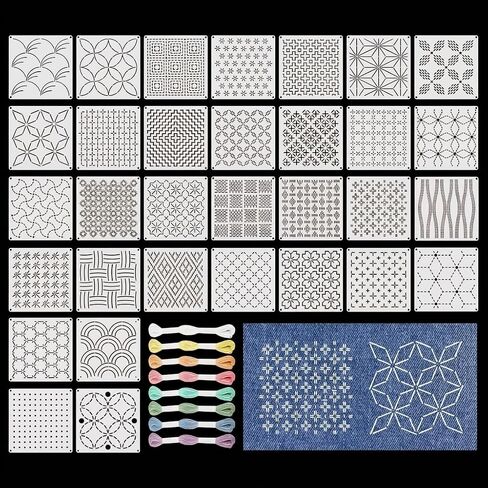 40 Pcs Sashiko Stencil Set, 32 Pcs 5.12 x 5.12 in Reusable Plastic Geometric Sashiko Pattern Templates with 8 Color Threads, Embroidery Marking Stencils for Visible Mending, Hand Sewing and Quilting in Kuwait