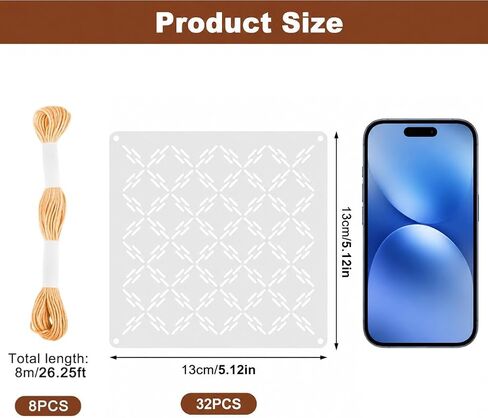 40 Pcs Sashiko Stencil Set, 32 Pcs 5.12 x 5.12 in Reusable Plastic Geometric Sashiko Pattern Templates with 8 Color Threads, Embroidery Marking Stencils for Visible Mending, Hand Sewing and Quilting in Kuwait