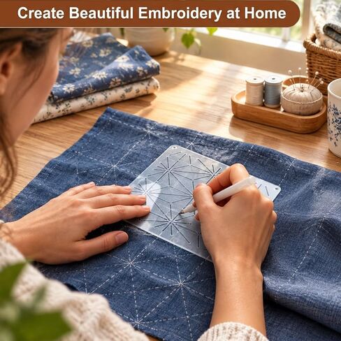 40 Pcs Sashiko Stencil Set, 32 Pcs 5.12 x 5.12 in Reusable Plastic Geometric Sashiko Pattern Templates with 8 Color Threads, Embroidery Marking Stencils for Visible Mending, Hand Sewing and Quilting in Kuwait