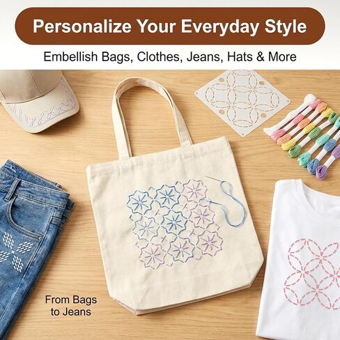 40 Pcs Sashiko Stencil Set, 32 Pcs 5.12 x 5.12 in Reusable Plastic Geometric Sashiko Pattern Templates with 8 Color Threads, Embroidery Marking Stencils for Visible Mending, Hand Sewing and Quilting in Kuwait
