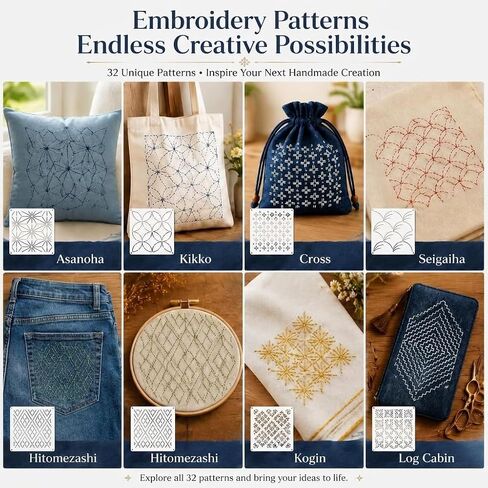 40 Pcs Sashiko Stencil Set, 32 Pcs 5.12 x 5.12 in Reusable Plastic Geometric Sashiko Pattern Templates with 8 Color Threads, Embroidery Marking Stencils for Visible Mending, Hand Sewing and Quilting in Kuwait