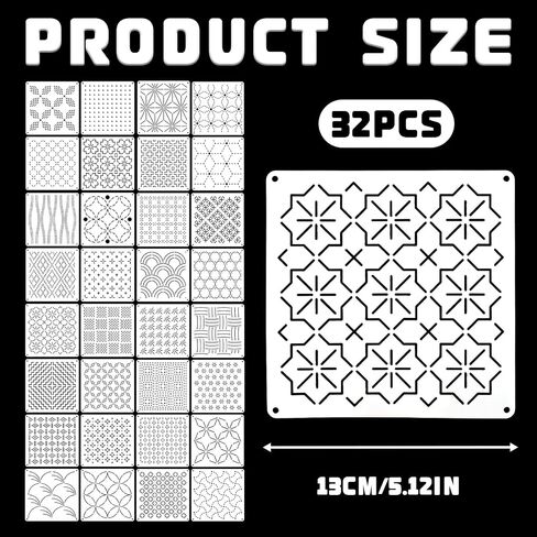 32 Pcs Sashiko Stencil Kit, 5.1 Inch Reusable PET Sashiko Templates in Kuwait