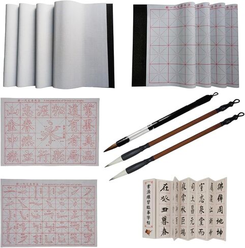 14 Items Reusable Water Writing Cloth 10Pcs with 3 Brush(Water/Ink-Storing Brush) and Copybook, Chinese Calligraphy Practice Paper Set, No ink need Magic Water Cloth for Beginners in Kuwait